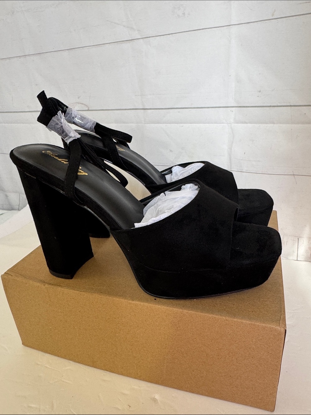 Elisabet Tang Size 9 Black Suede Platform Block Heel Sandals with Ankle Tie
